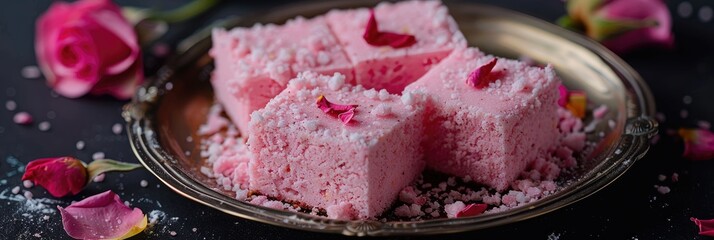 Poster - Pink milk cake dessert made with rose flavor, commonly referred to as Mishri Mava or Khoa sweet treat.