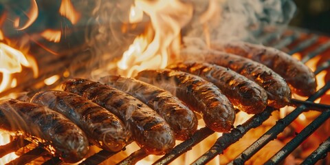 Canvas Print - Juicy sausages being grilled over open flames Narrow depth of field