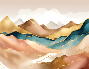 Wall Mural - Colorful golden lines irregular abstract mountains background