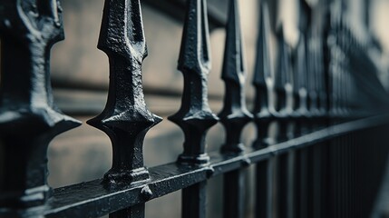 Black metal fence with sharp spikes, secure and imposing, a barrier of strength