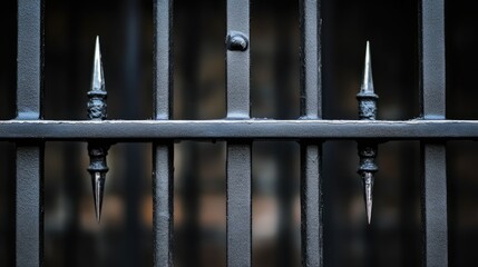 Black metal fence with sharp spikes, secure and imposing, a barrier of strength