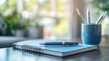 Poster - Blue notebook and pen on a desk, productivity and organization, work-from-home setup