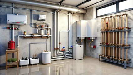 Modern residential heating system components, including a boiler, pipes, and radiator, are neatly organized in a clean and well-maintained basement utility area.