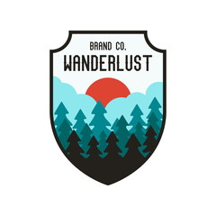 Wall Mural - Vintage wanderlust camping logo badge featuring wilderness-themed design including forest and sun. Stock wanderlust travel label isolated on white background