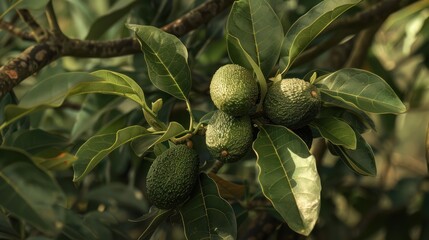 Close-up of Avocado Fruit Growing on a Tree Branch