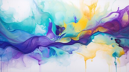 Abstract fluid art with vibrant swirls of yellow, blue, purple, and green creating a dreamy background , ai