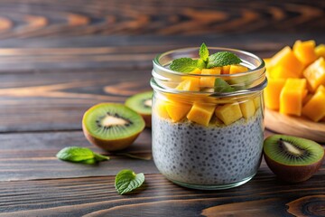 Wall Mural - glass, natural, vegan, summer, food, tropical, kiwi,chia pudding, breakfast, jar, healthy, vegetarian, Dessert chia pudding with ripe slices of kiwi and mango served in a glass jar