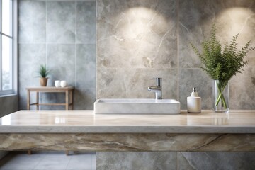 Wall Mural - A stone table top with a smooth surface providing a perfect background for bathroom product displays, design, product display, bathroom, luxury, smooth, surface,stone, copy space, minimalist