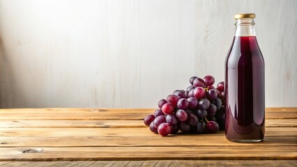 Wall Mural - drink, natural, refreshing, food, nutrition, summer, fresh, organic, wooden table, tasty, bottle, Bottle of purple grape juice standing on a wooden table with a plain white background