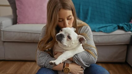 Wall Mural - A young blonde woman kisses her white dog while sitting in a cozy living room, highlighting their bond and love, surrounded by comfortable home decor.