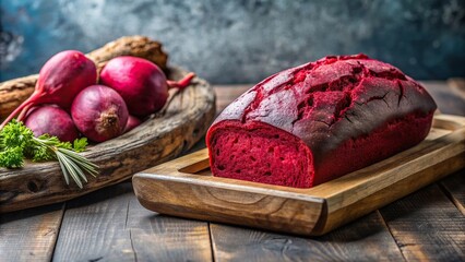 vibrant, food, fresh, vegetarian, Beet red bread fresh out of the oven is displayed on a rustic wooden tray against a ceramic background creating a vibrant and appetizing photograph