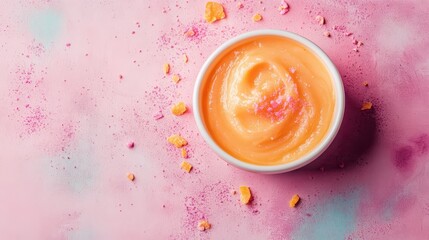 Creamy orange dessert in a bowl on a pastel pink background