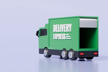 Wall Mural - 3D Green Truck delivery express car icon on isolated purple background. Online shopping, E-commerce and Send a parcel delivery service concept. Minimal Cartoon Van truck logistic icon. 3d render.