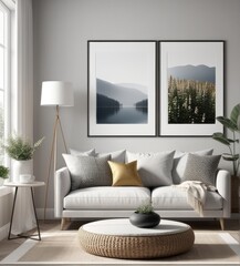 poster frame mock-up on modern living room interior. minimalist fucnitures