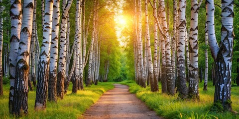 Wall Mural - Evening pathway in the summer birch grove Close Up, journey, foliage, pathway, scenery, serene, walking, relaxation, adventure, beauty, sunlight, evening, bark, idyllic, tranquil, green