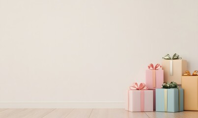 vibrant present boxes adorned with ribbons resting on a simple floor and wall, generative ai