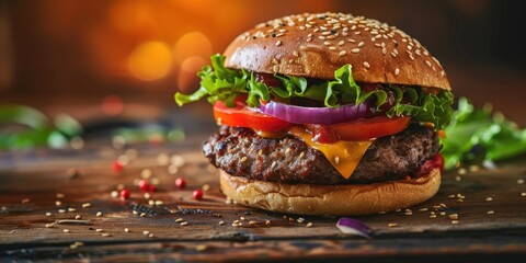 Canvas Print - Sesame Seed Cheeseburger with Melted Cheese Lettuce Tomato and Onion on a Wooden Table