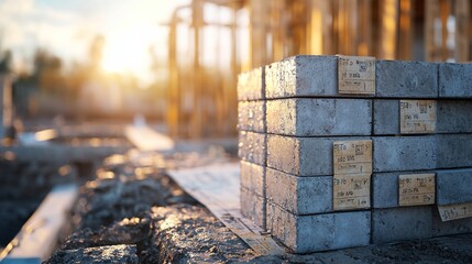 Wall Mural - stack of concrete foundation blocks with price tags attached. partially constructed foundation wall 