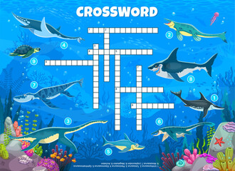 Poster - Crossword quiz game grid with underwater prehistoric dinosaurs and reptiles, cartoon vector. Kids crossword game worksheet to guess words of dinosaur reptiles in ocean or Jurassic underwater animals