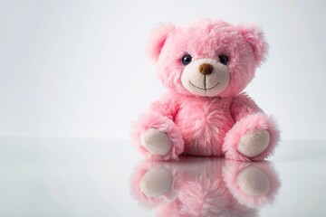 pink, Pink teddy bear doll with soft fluffy fur cute button eyes and a sweet smile placed on a clean white background with its reflection creating an artistic and whimsical touch