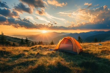 Canvas Print - Camping at Sunset with Mountain Views