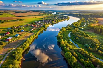 Wall Mural - reflection, aerial view, trees, scenic, environment, idyllic, peaceful, calm, Aerial view of the calm and serene Mologa River flowing near the picturesque settlement of Maksatikha