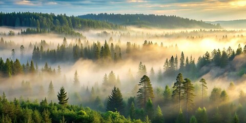 panoramic, natural beauty, tranquility,misty, Misty landscape with a panoramic view of a pine forest filled with tranquility and natural beauty