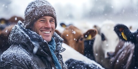 Poster - A content man in winter clothing smiles amidst a group of cattle during a snowfall, representing a serene farm life