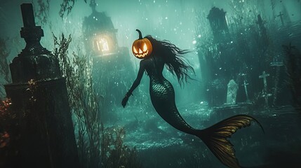 Canvas Print - A Pumpkin-Headed Mermaid Swims Through an Underwater Graveyard