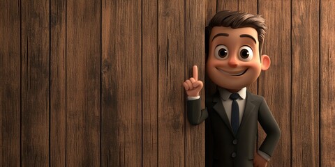 Wall Mural - 3D cartoon business character in a suit standing behind a wooden wall