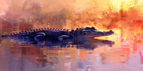 Wall Mural - A crocodile elegantly slips into the serene waters, harmoniously merging its formidable existence with the peaceful surroundings.