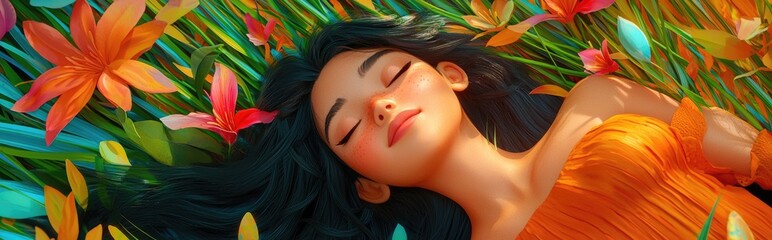 Wall Mural - Cartoon character with playful expression lying in colorful grass as a breeze tousles her hair