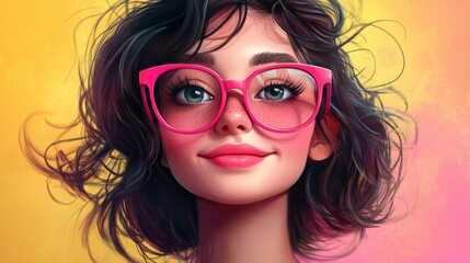 Poster - The cheerful cartoon girl with pink glasses in a vintage style