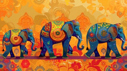 Elaborately adorned elephants march gracefully in a colorful procession celebrating Indian culture and heritage during the festival. Generative AI