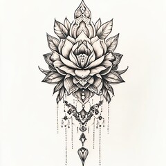 Wall Mural - Black and White Detailed Ink Drawing of a Rose with Ornate Accents