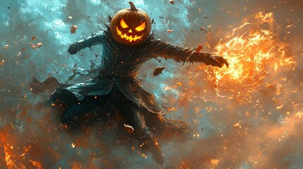 A Pumpkin-Headed Figure Holding a Ball of Fire