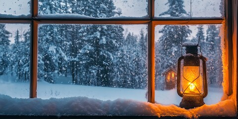 Poster - A heartwarming view of a snowy winter night from inside a cabin, featuring a well-lit lantern and snow-covered trees through the frosted windowpane, evoking a peaceful ambiance 