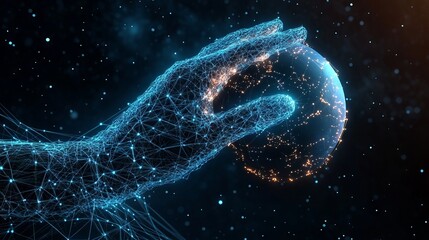 hand touching Earth low poly. Digital low poly mesh wireframe with connected dots, lines, stars and shapes