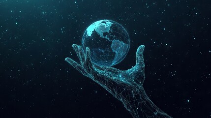 Poster - hand touching Earth low poly. Digital low poly mesh wireframe with connected dots, lines, stars and shapes