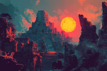 Ancient Temple Ruins with a Red Sky and a Bright Yellow Sun