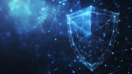 Poster - Shield Low poly blue. Digital low poly mesh wireframe with connected dots, lines, stars and shapes