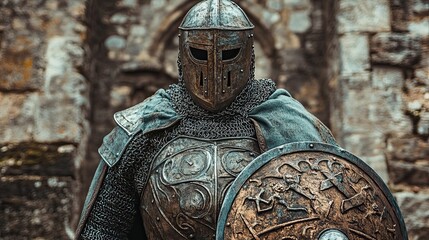 Wall Mural - Medieval Knight in Armor and Helmet with Shield