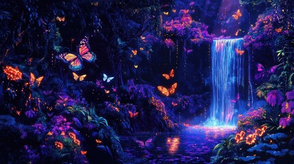 Abstract landscape with neon dots forming trees, flowers, and a waterfall, butterflies in a paradise background