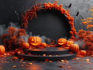 Podium halloween product background pumpkin 3D autumn platform smoke stage. Halloween podium orange product ice banner dark black fall floor night purple table display sale texture wall fog happy bat.