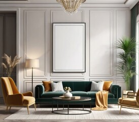 Wall Mural - poster frame mock-up on modern living room interior. minimalist fucnitures