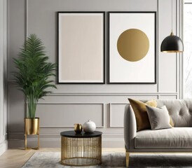 Sticker - poster frame mock-up on modern living room interior. minimalist fucnitures