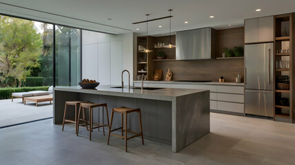 a sophisticated modern kitchen with minimalist design elements, hd