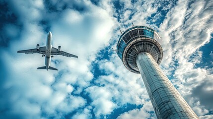 Air control tower and airplane on blue and cloudy sky background. Istanbul Ataturk airport air control tower. No people, nobody. Horizontal photo. Airline transportation idea concept.