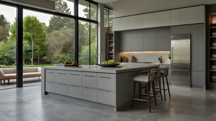 A serene modern kitchen interior with minimalist design, featuring a seamless blend of neutral tones, sleek surfaces, hd