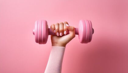 A closeup view of the hand of a young lady holding a pink color dumbbell with a pink color background; sports photography; fitness and exercise